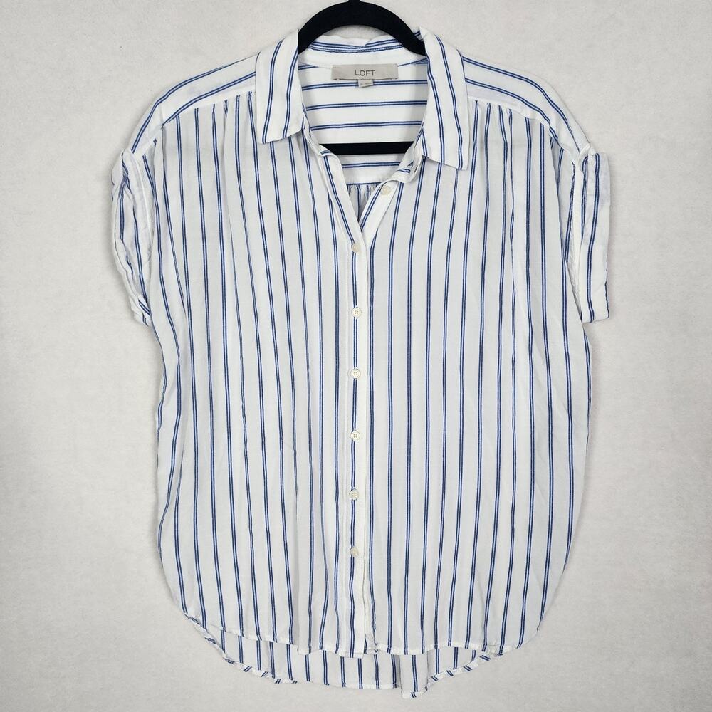 Loft Blue White Stripped Short Sleeve Button Down Classic Rayon Blouse Size M